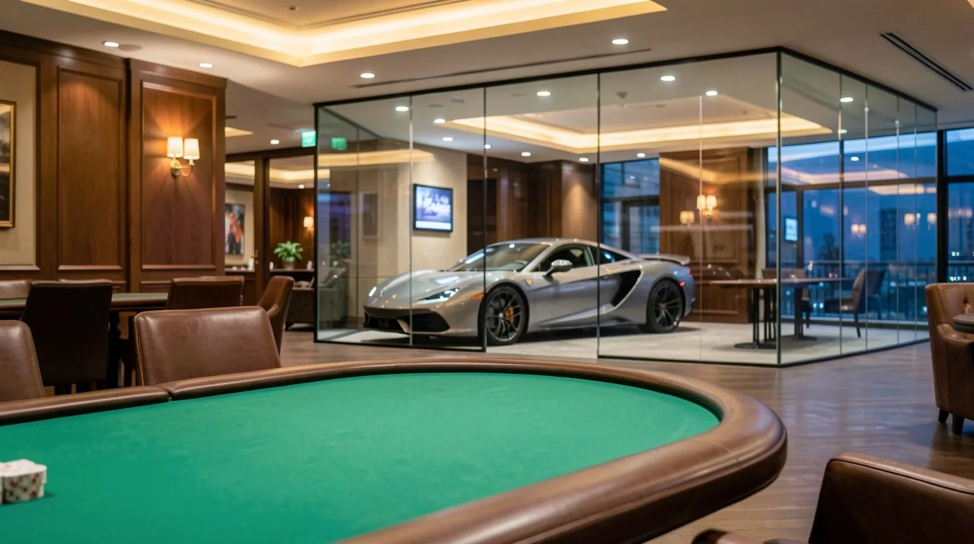 Atmospheric club room with a dark green poker table in warm light