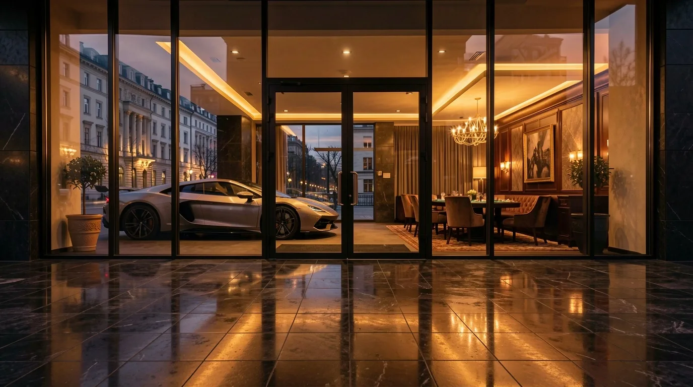 Entrance to the Lounge Café and the Poker Club in warm light