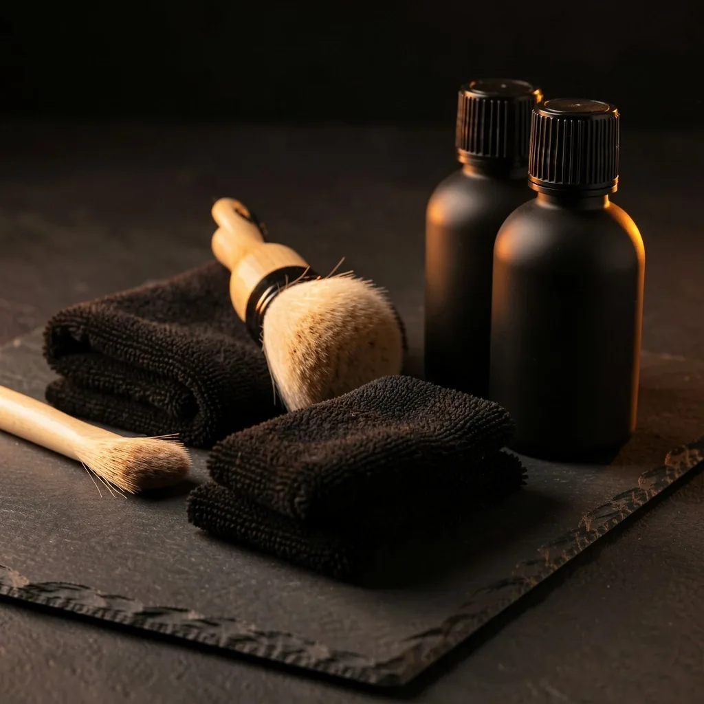 Tools neatly arranged on a dark counter