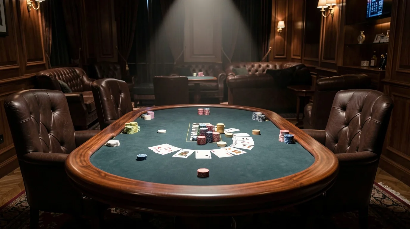 Poker table at Play Lounge — green felt, chips and cards in warm light